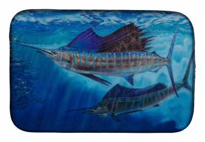 Sealife Art Themed Dish Drying Mat (Color: Open Sailfish, size: 14 x 21)