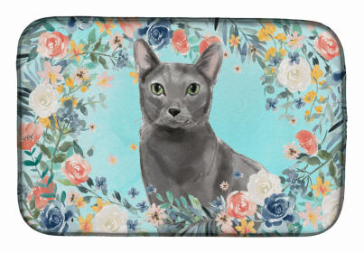 cat breed/Flowers art Dish Drying Mat (Color: Blue Russian, size: 14 x 21)