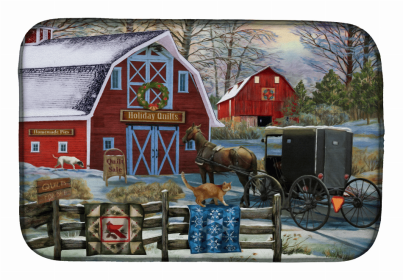 Celebration Art Themed Dish Drying Mat (Color: Christmas Holiday Quilt Shop Barn, size: 14 x 21)