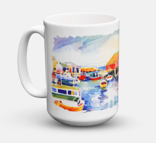 Scenic Coffee Mug 15 oz (Color: Boats at Harbour with a view, size: 5 x 5)